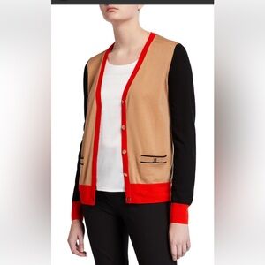 TORY BURCH Madeline wool v-neck bottom black and camel Cardigan